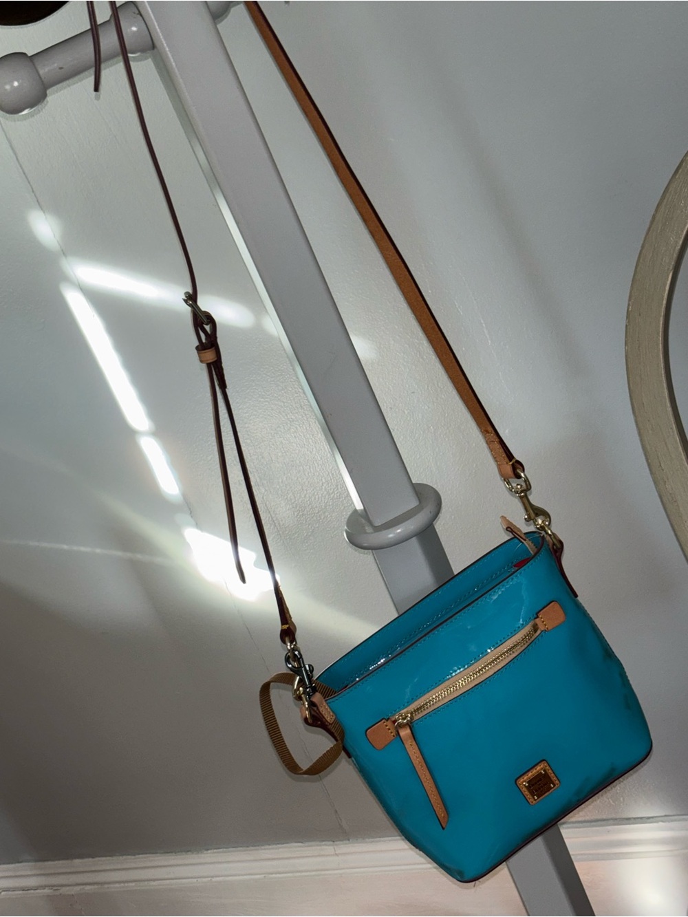 Dooney Burke Aqua Blue Crossbody Shoulder Bag with Tan Trim